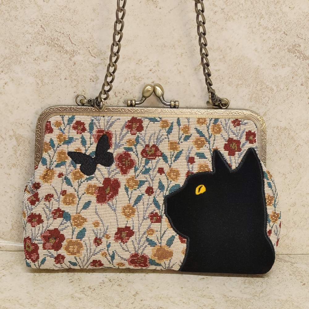 Black Cat Kisslock Bag Floral Tapestry Purse
